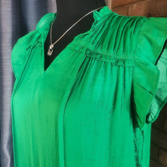 Rachel Zoe Emerald Green Ruffled Cap Sleeves, V-Neck & Shoulder Rouching - Sz XS - Picture 2 of 9